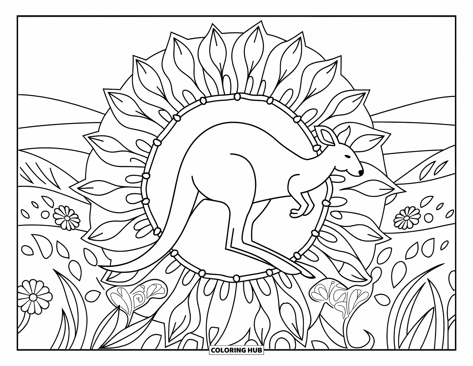 Kangaroo Coloring Page for Adults: A kangaroo hops through flowers and hills, framed by a radiant floral mandala pattern