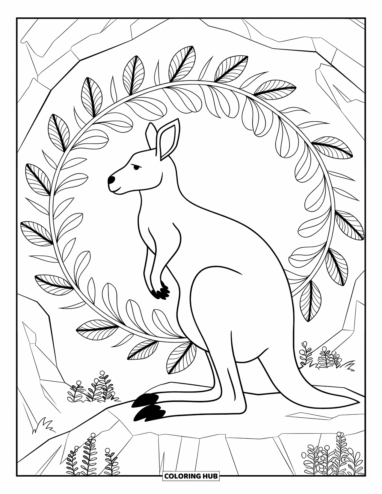 Kangaroo Coloring Page for Adults: A kangaroo in profile sits on a rock, framed by native leaves in a clean mandala design