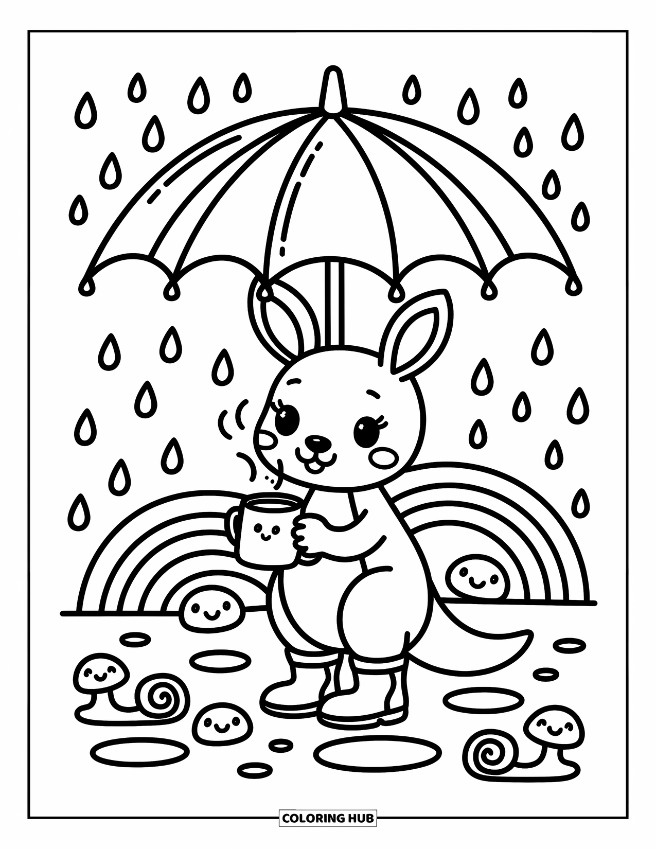 Kangaroo Coloring Page for Adults: A kangaroo with boots enjoys the rain under a leafy umbrella, steam curling from its mug
