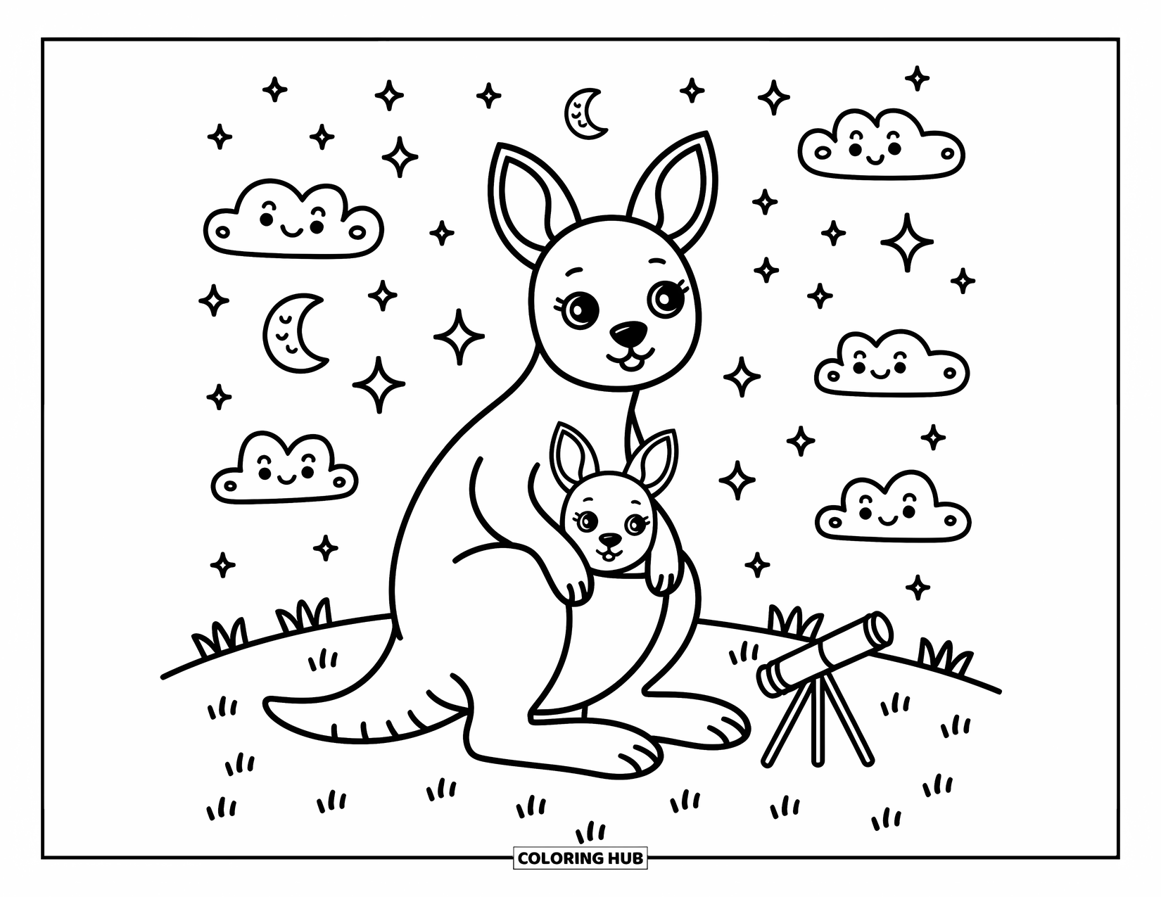 Kangaroo Coloring Page for Adults: A mother kangaroo and joey stargaze together under a sky full of cheerful moons and stars