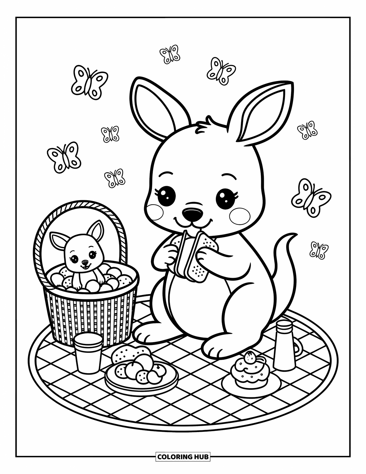 Kangaroo Coloring Page for Adults: A picnic scene with a kangaroo, curious joey, and sweet snacks surrounded by fluttering butterflies