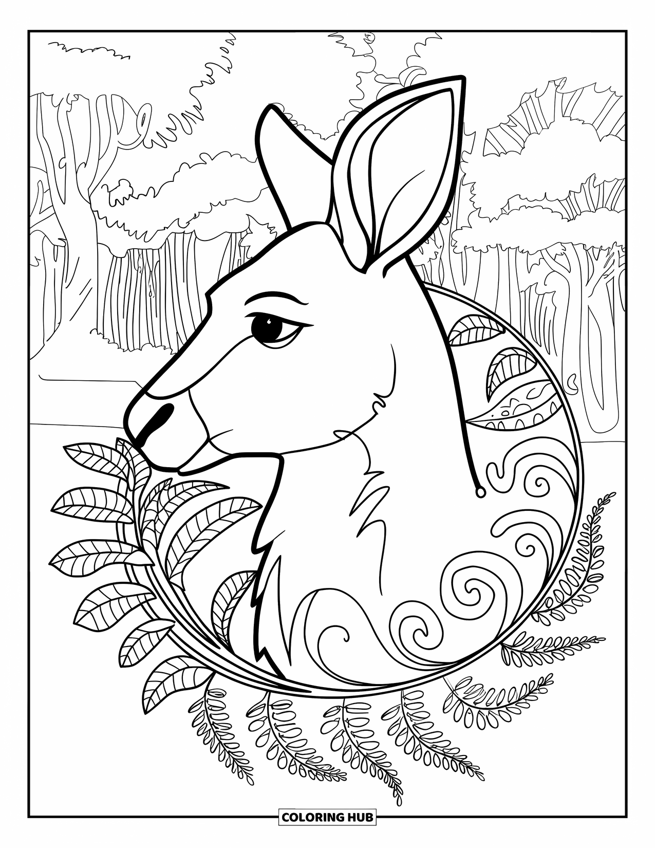 Kangaroo Coloring Page for Adults: A profile kangaroo stands in a forest, surrounded by a botanical mandala with tall trees