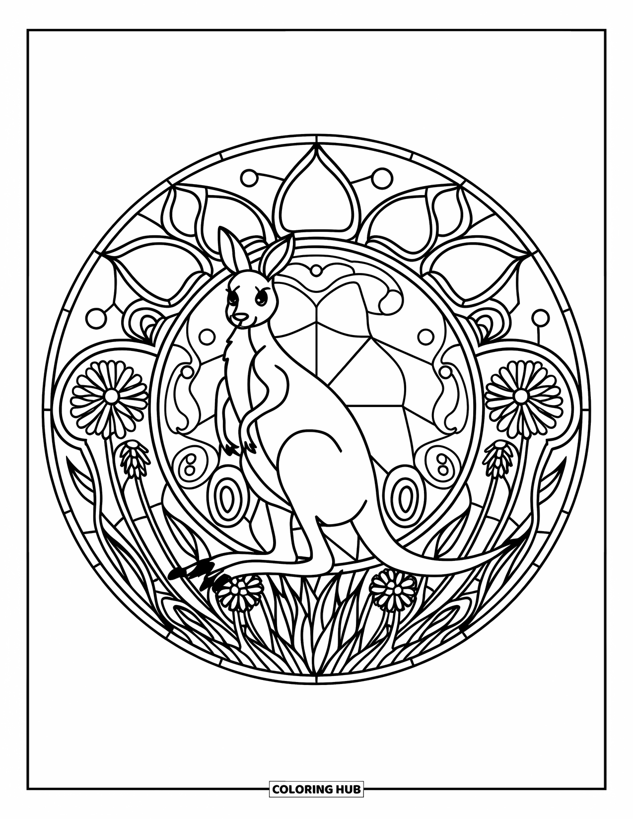 Kangaroo Coloring Page for Adults: A tall kangaroo stands in a stained-glass style circle filled with wildflowers