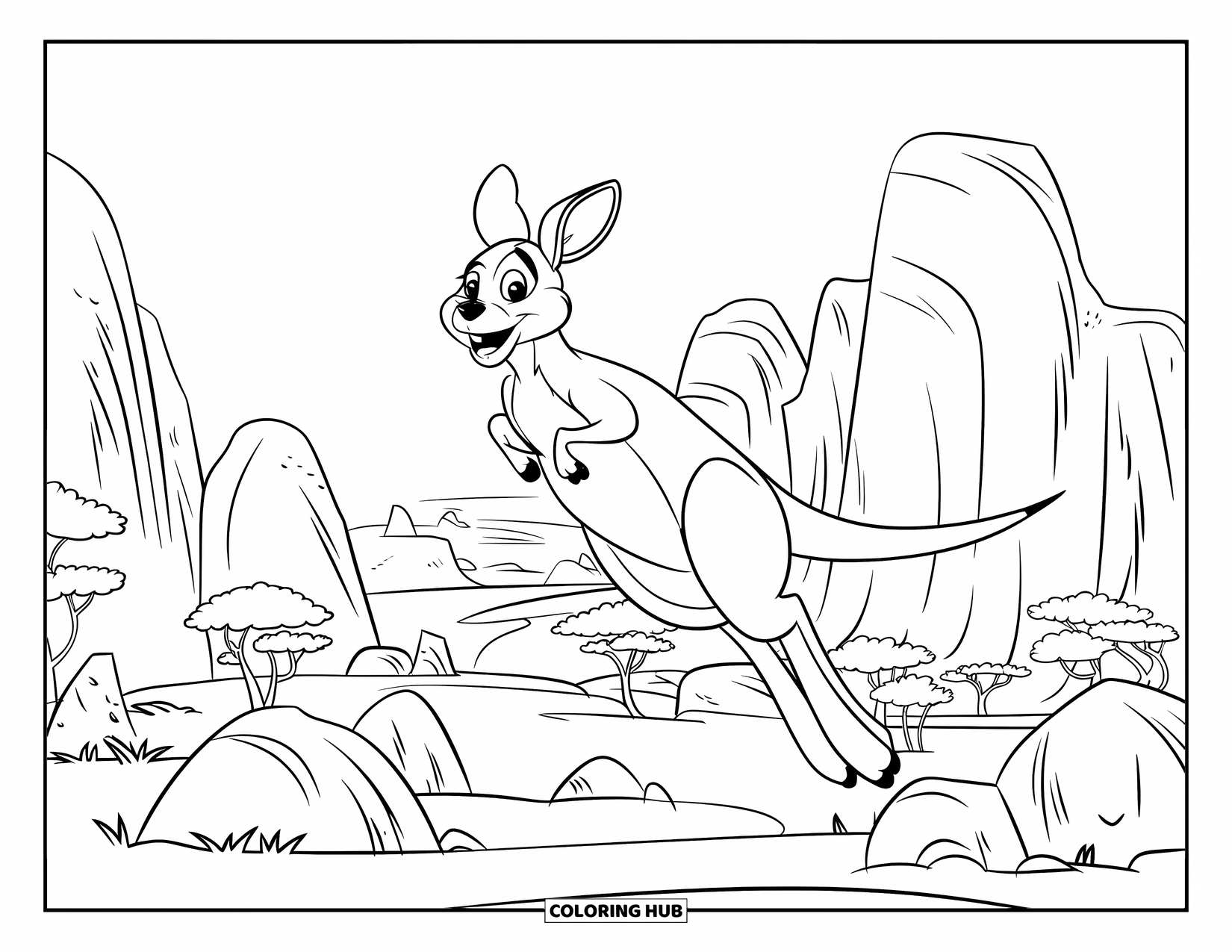 Kangaroo Coloring Page for Kids: A cheerful kangaroo jumps among outback rocks with wide legs and a playful smile