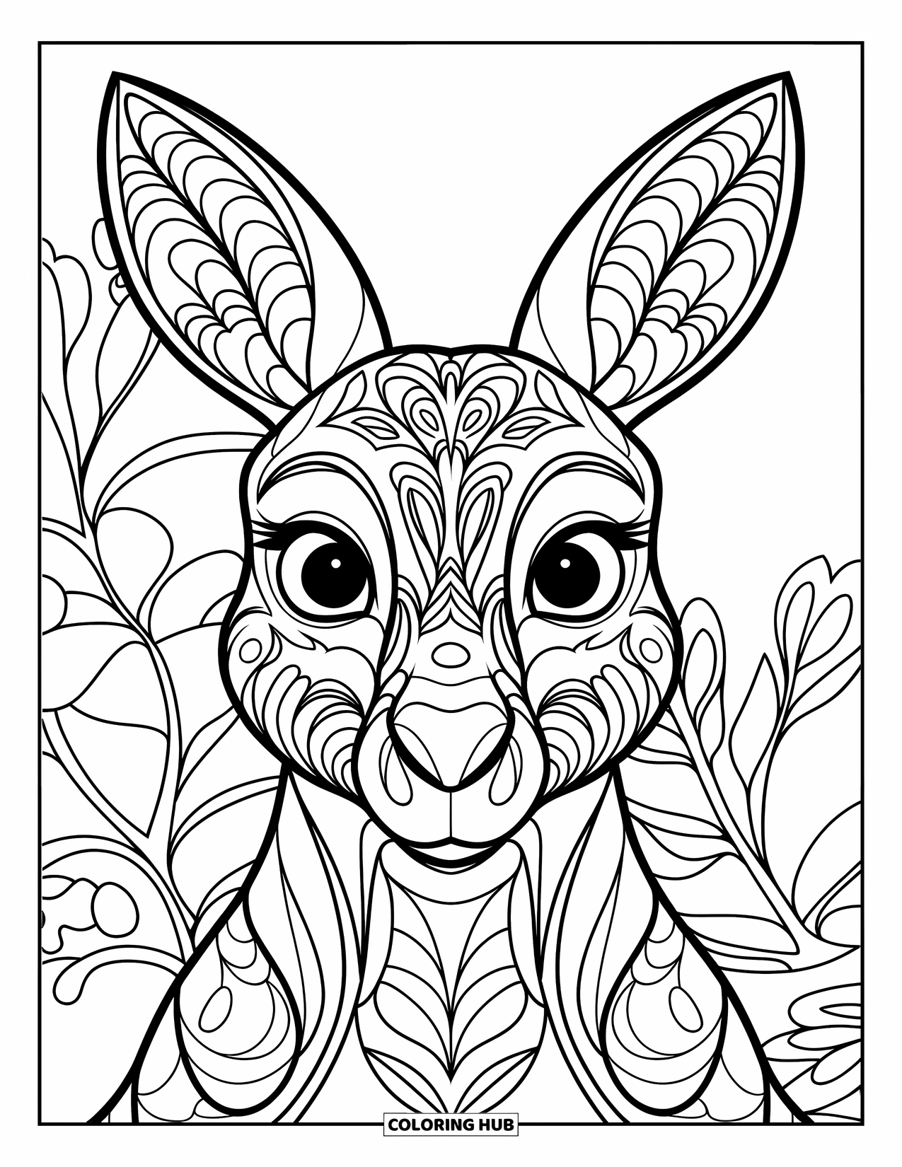 Kangaroo Coloring Page for Kids: A close-up of a kangaroo's face with decorative patterns and surrounding plants