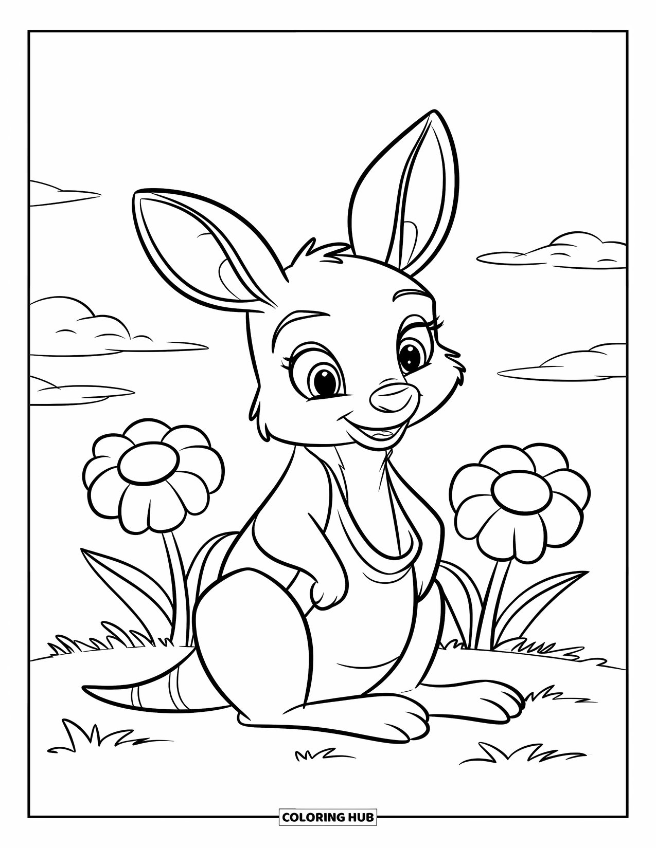 Kangaroo Coloring Page for Kids: A cute kangaroo sits with a big pouch and bold flowers in a grassy field