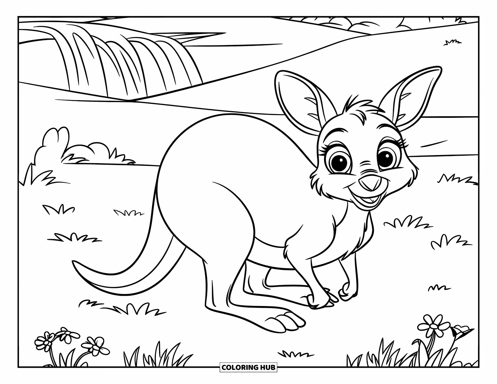 Kangaroo Coloring Page for Kids: A fluffy-tailed kangaroo stands in a wildflower field with a distant waterfall behind