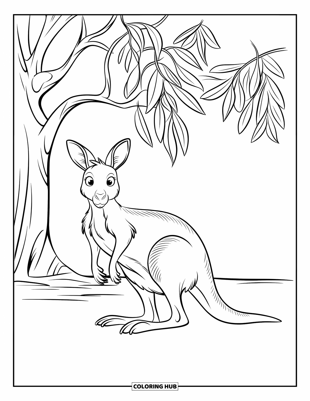 Kangaroo Coloring Page for Kids: A furry kangaroo stands near a tree with smooth leaves and a white background