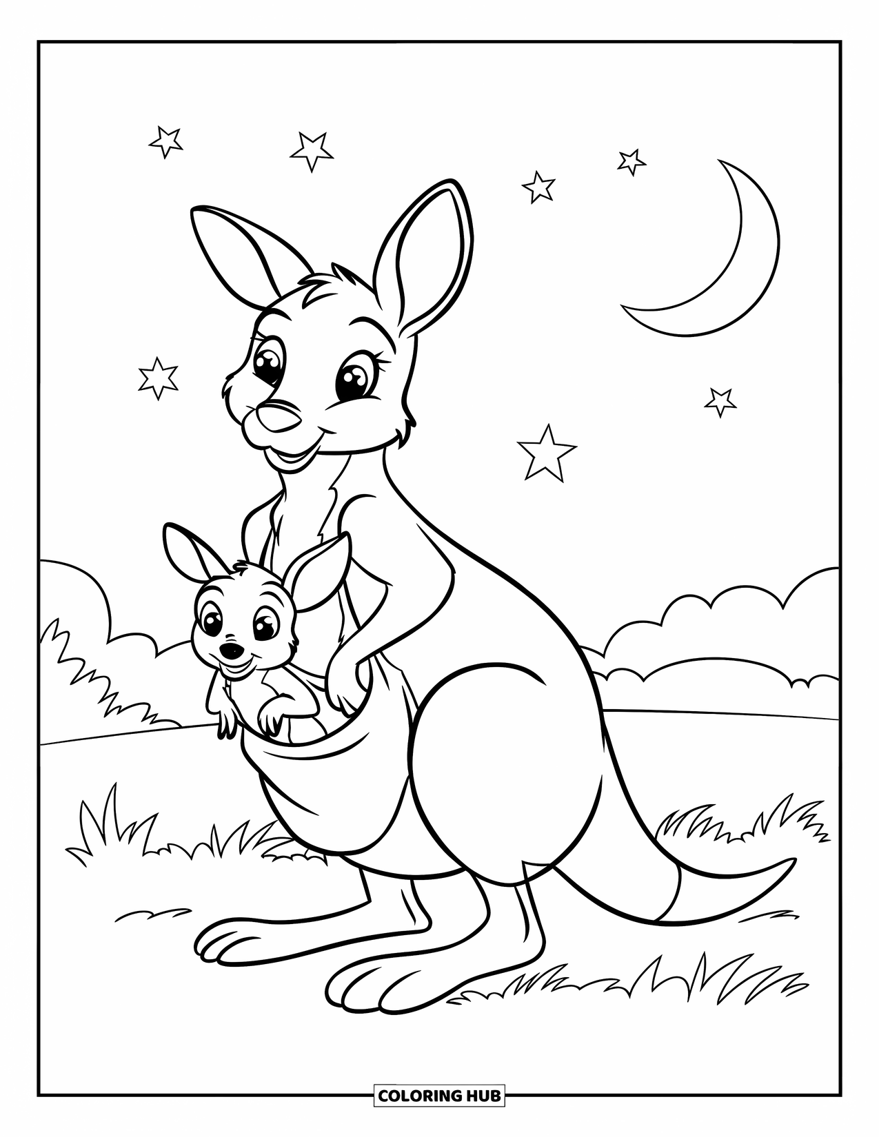 Kangaroo Coloring Page for Kids: A joey peeks from a pouch as stars and a moon shine above