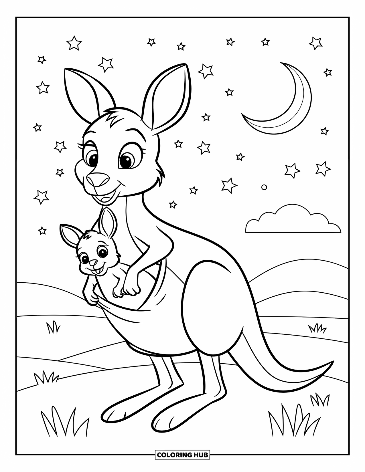 Kangaroo Coloring Page for Kids: A kangaroo and joey hop beneath stars, clouds, and a crescent moon