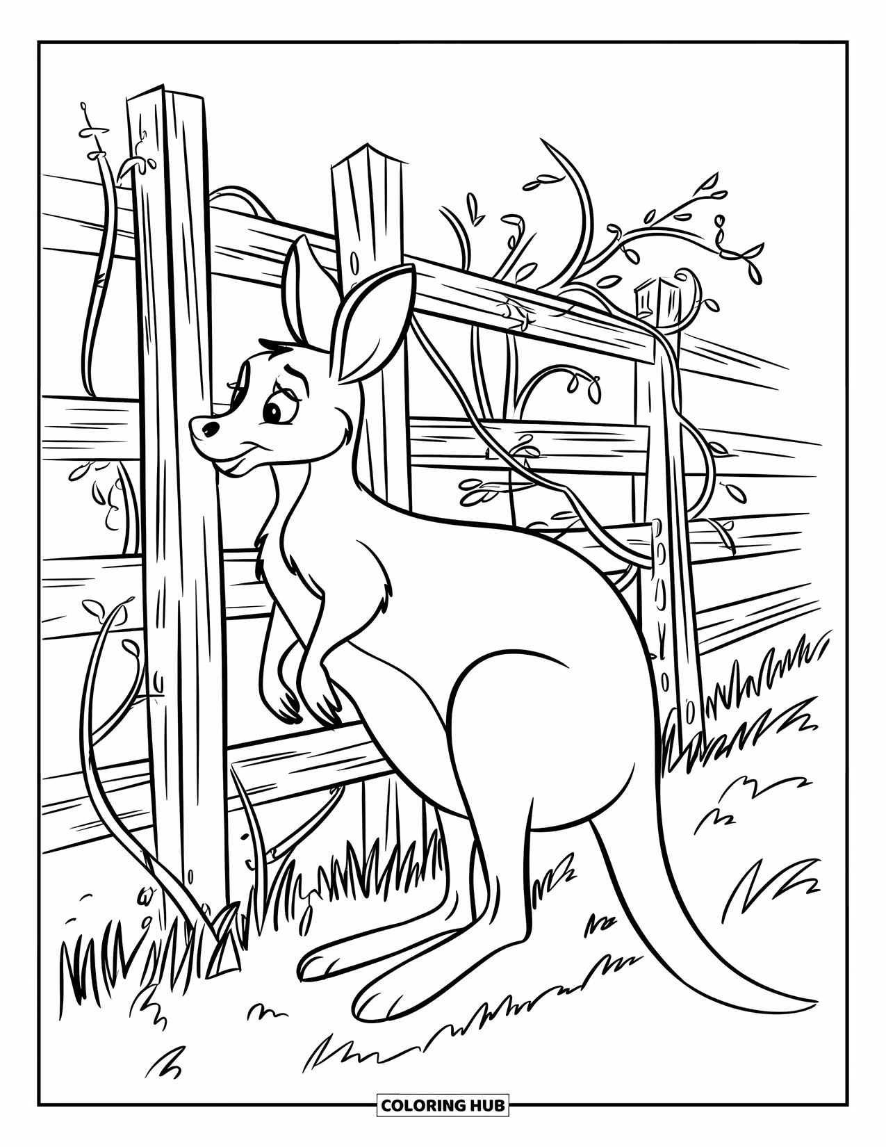 Kangaroo Coloring Page for Kids: A kangaroo explores a broken wooden fence tangled with vines in a grassy area