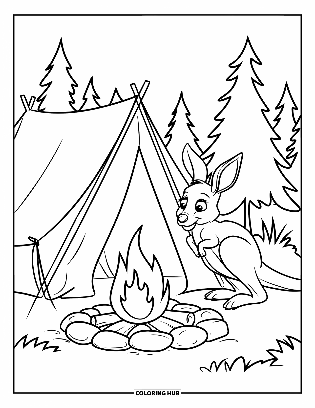 Kangaroo Coloring Page for Kids: A kangaroo hides near a tent and firepit at a quiet campsite with trees