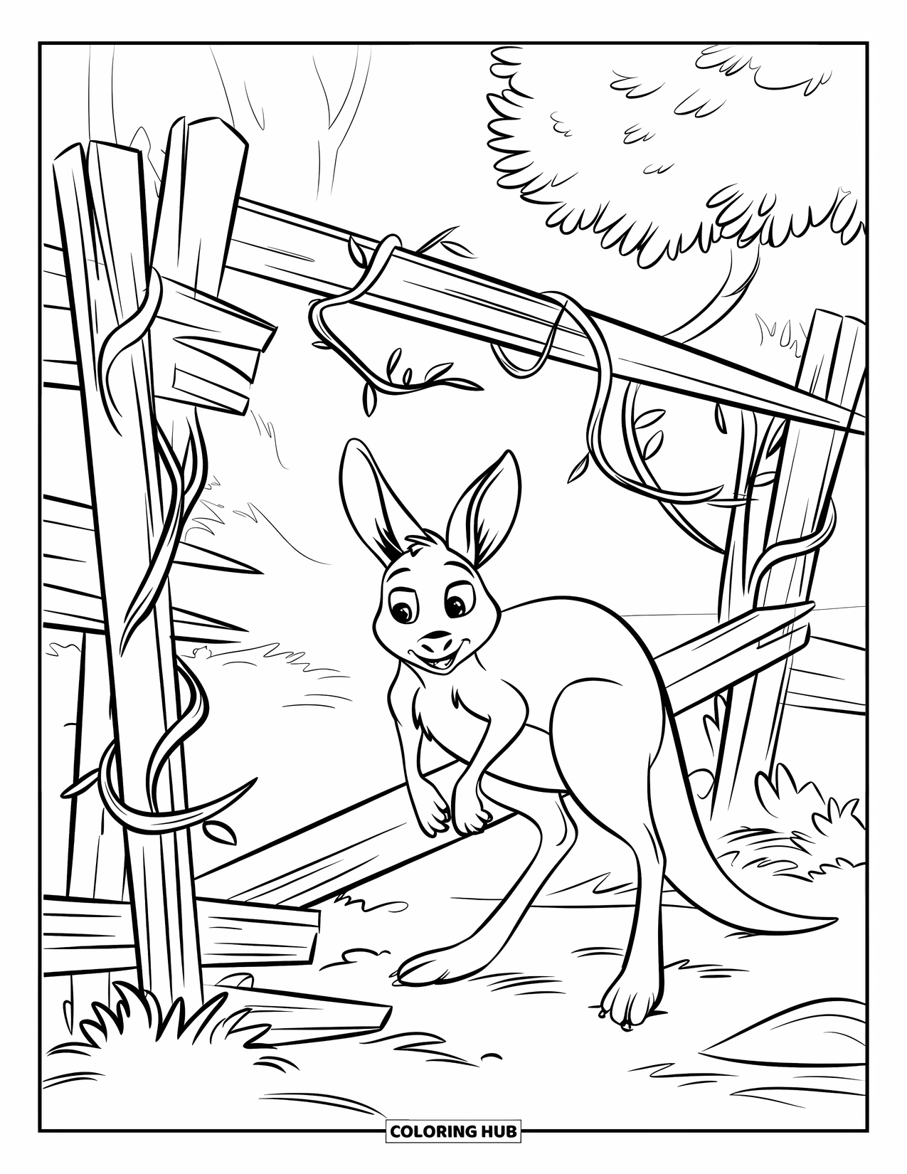 Kangaroo Coloring Page for Kids: A kangaroo hops near an old fence wrapped in vines and forest plants