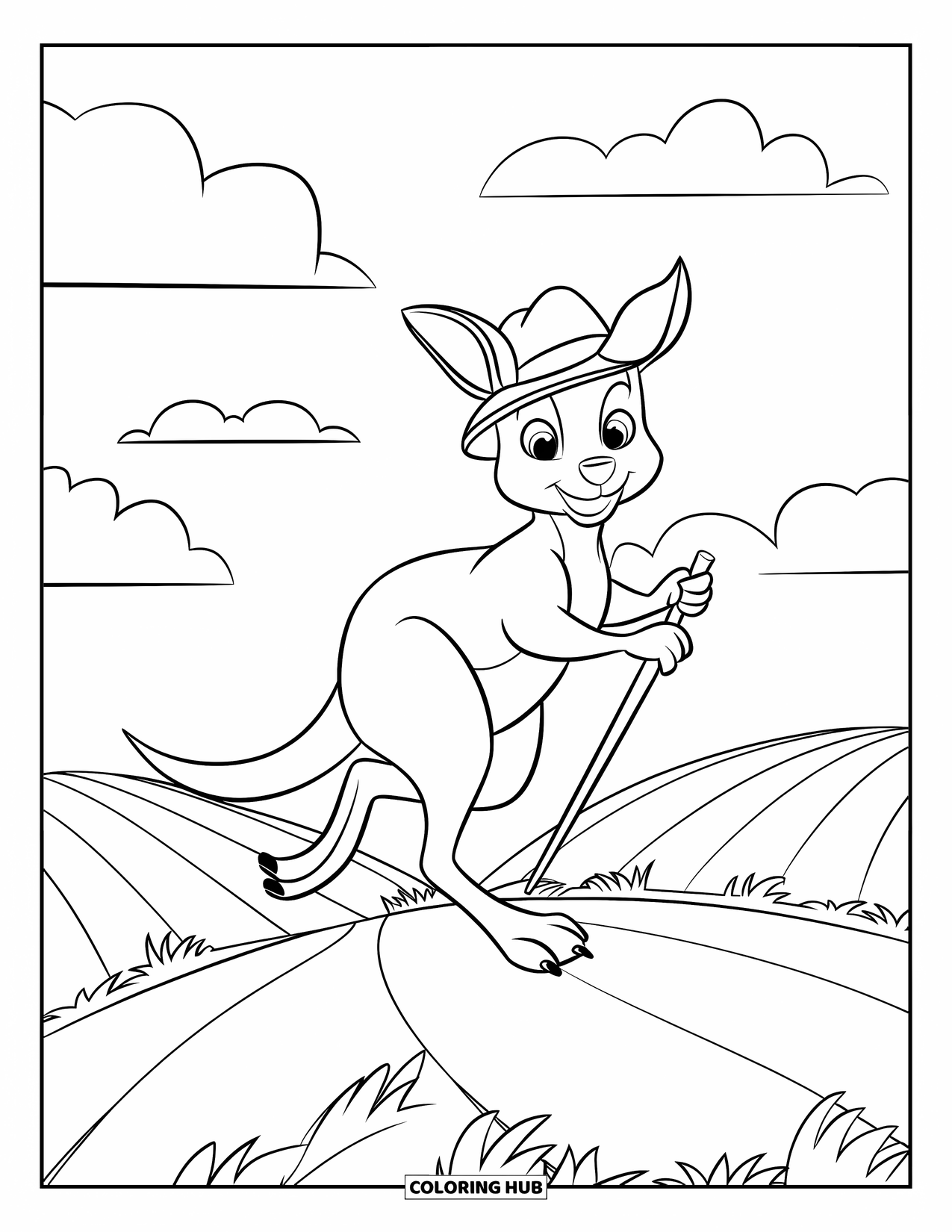 Kangaroo Coloring Page for Kids: A kangaroo in a hat and with a stick hops across grassy hills and clouds