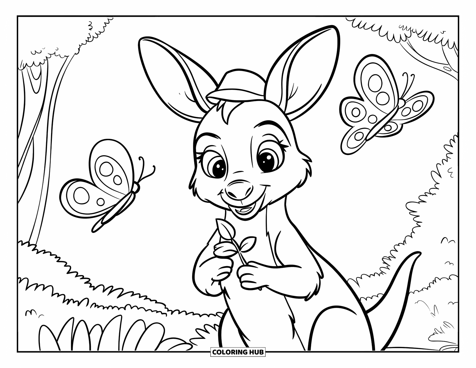 Kangaroo Coloring Page for Kids: A kangaroo in a hat holds a leaf near butterflies and forest trees