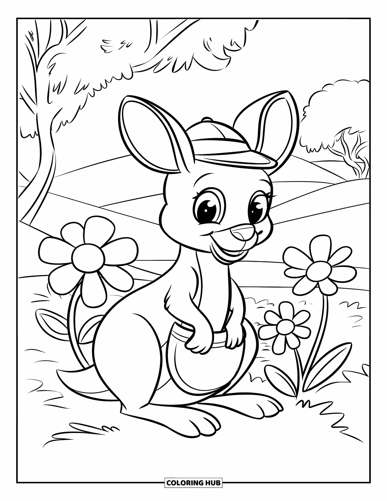 Kangaroo Coloring Page for Kids: A kangaroo in a hat sits peacefully with flowers among hills and trees