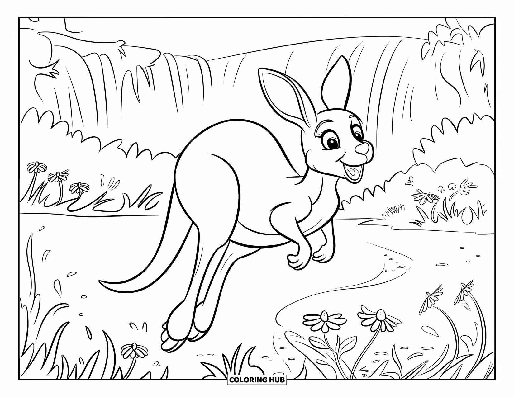 Kangaroo Coloring Page for Kids: A kangaroo jumps among wildflowers with a waterfall view in the distance
