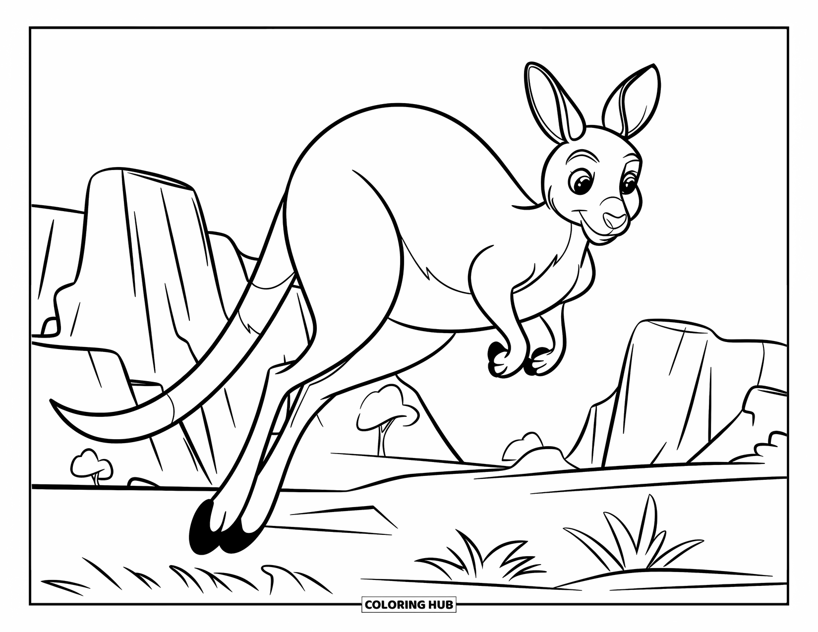 Kangaroo Coloring Page for Kids: A kangaroo jumps past rocky outcrops and trees in the outback