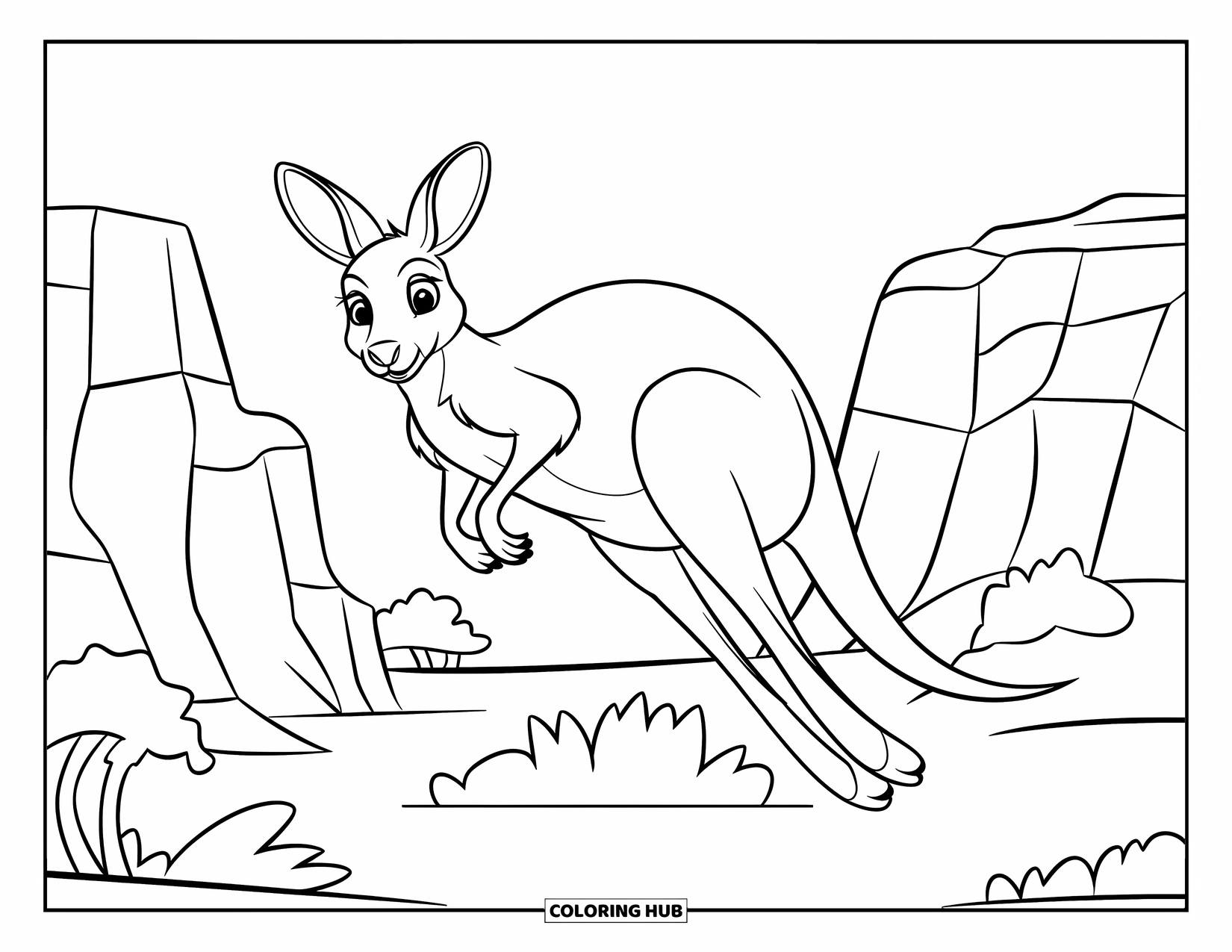 Kangaroo Coloring Page for Kids: A kangaroo leaps near rock formations and short trees under a bright sky