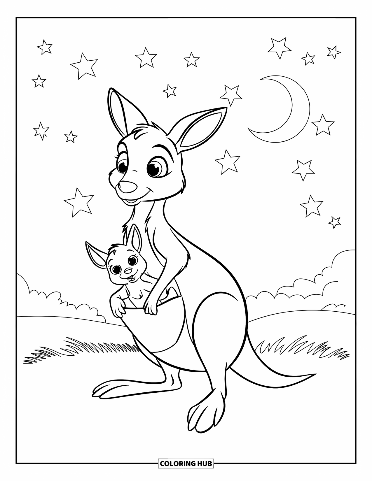 Kangaroo Coloring Page for Kids: A kangaroo stands on grass as a joey peeks out beneath a starry sky