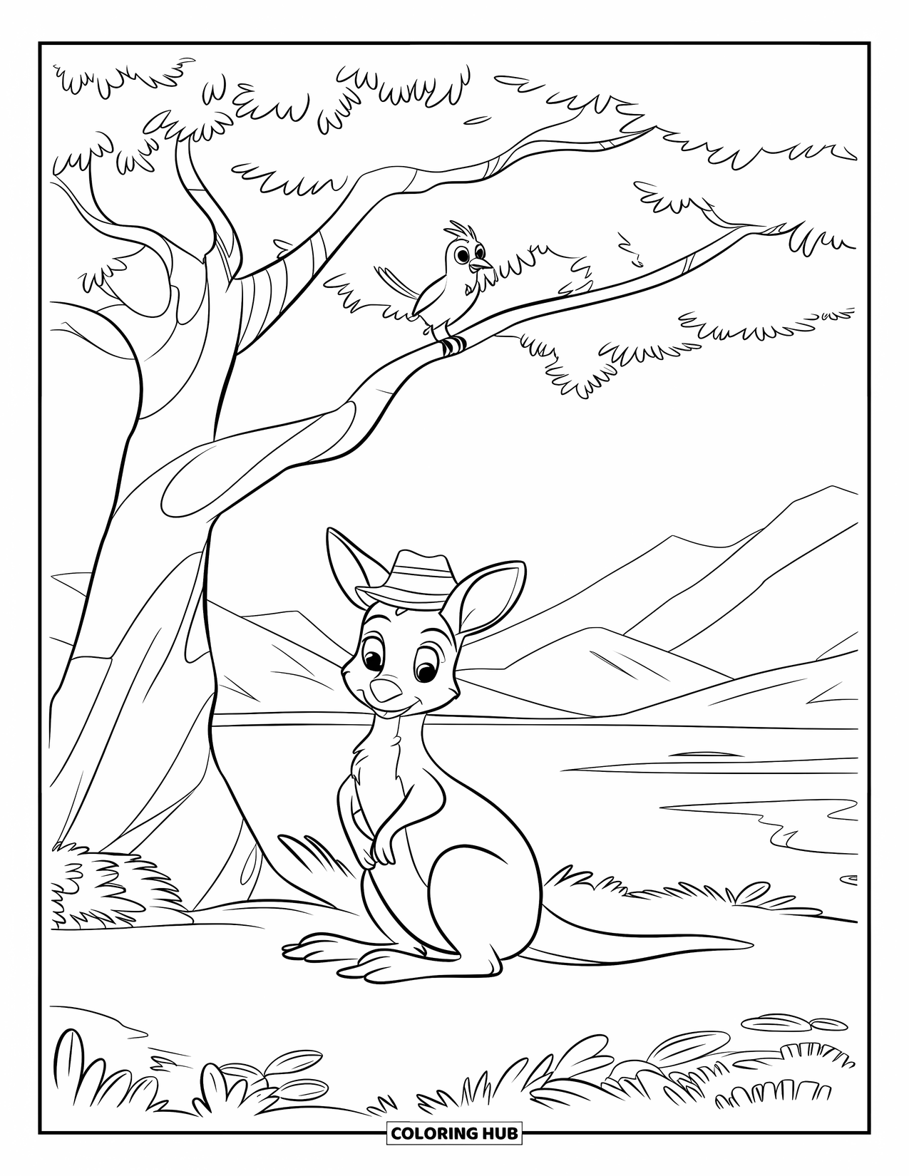 Kangaroo Coloring Page for Kids: A kangaroo wearing a hat sits peacefully under a big tree with a bird above