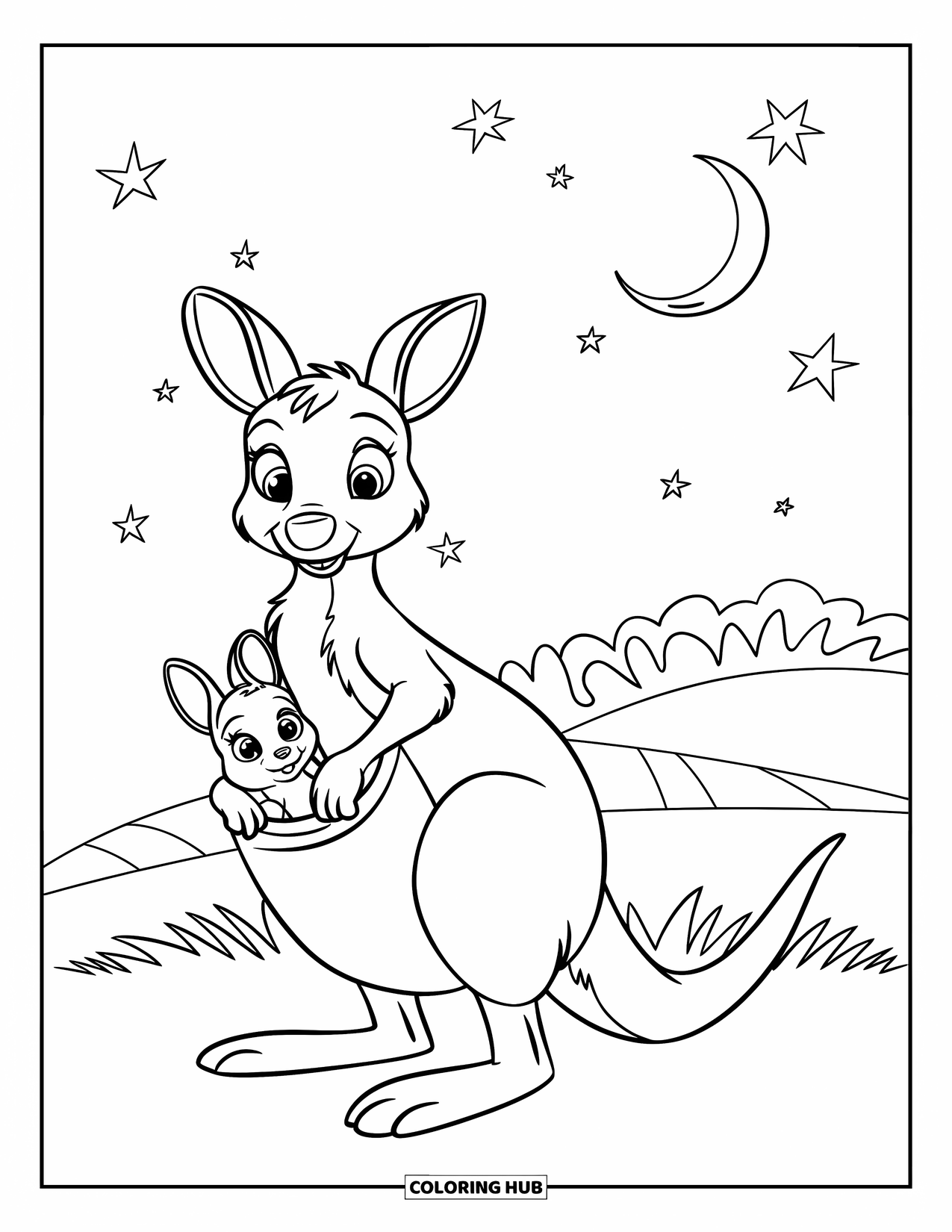 Kangaroo Coloring Page for Kids: A kangaroo with a joey stands under stars and a crescent moon