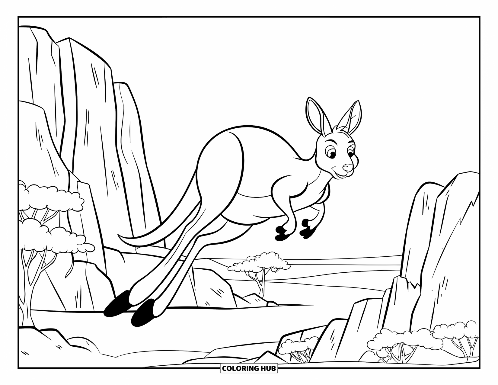 Kangaroo Coloring Page for Kids: A mid-air kangaroo hops through the Australian outback with trees and rocks behind