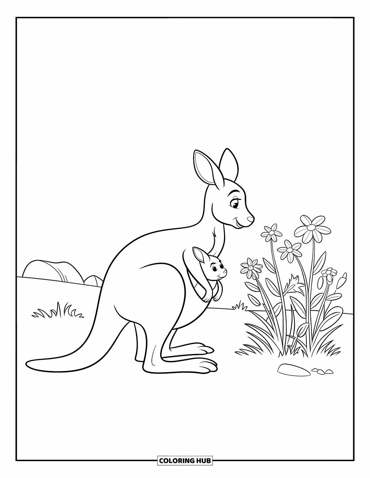 Kangaroo Coloring Page for Kids: A mother kangaroo faces wildflowers as her joey peeks from the pouch