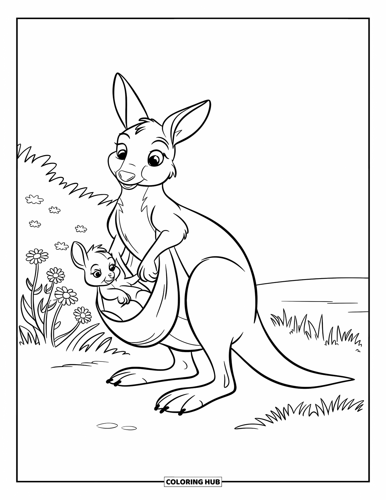 Kangaroo Coloring Page for Kids: A mother kangaroo with a joey stands in a wide open field near wildflowers