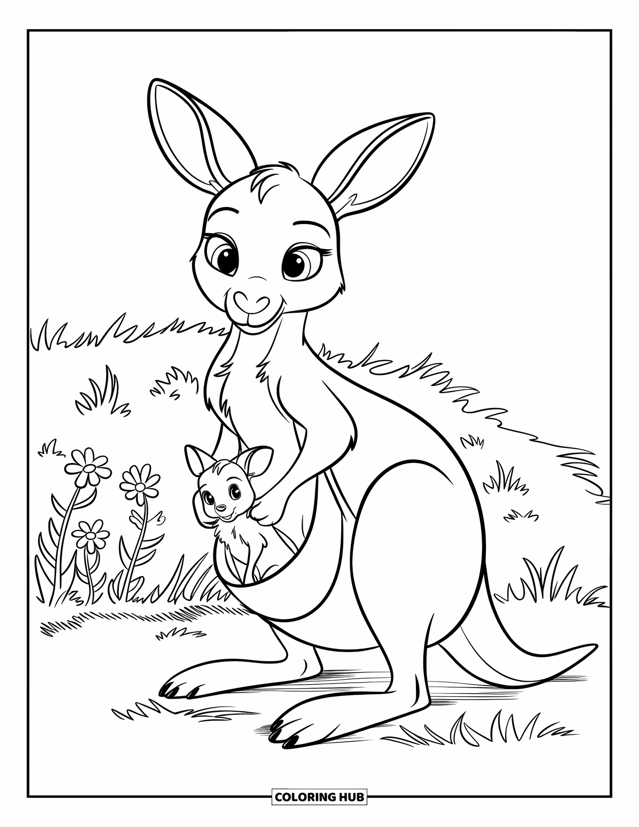 Kangaroo Coloring Page for Kids: A mother kangaroo with a joey stands near wildflowers in a grassy field
