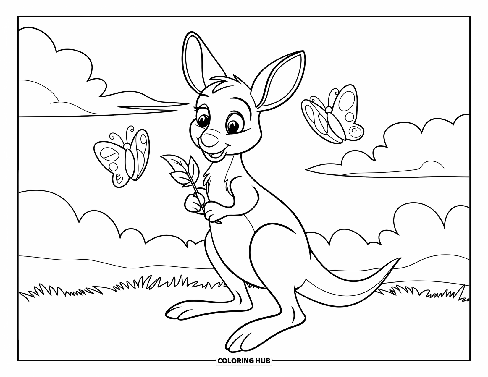 Kangaroo Coloring Page for Kids: A simple kangaroo holds a leaf with butterflies flying near fluffy clouds