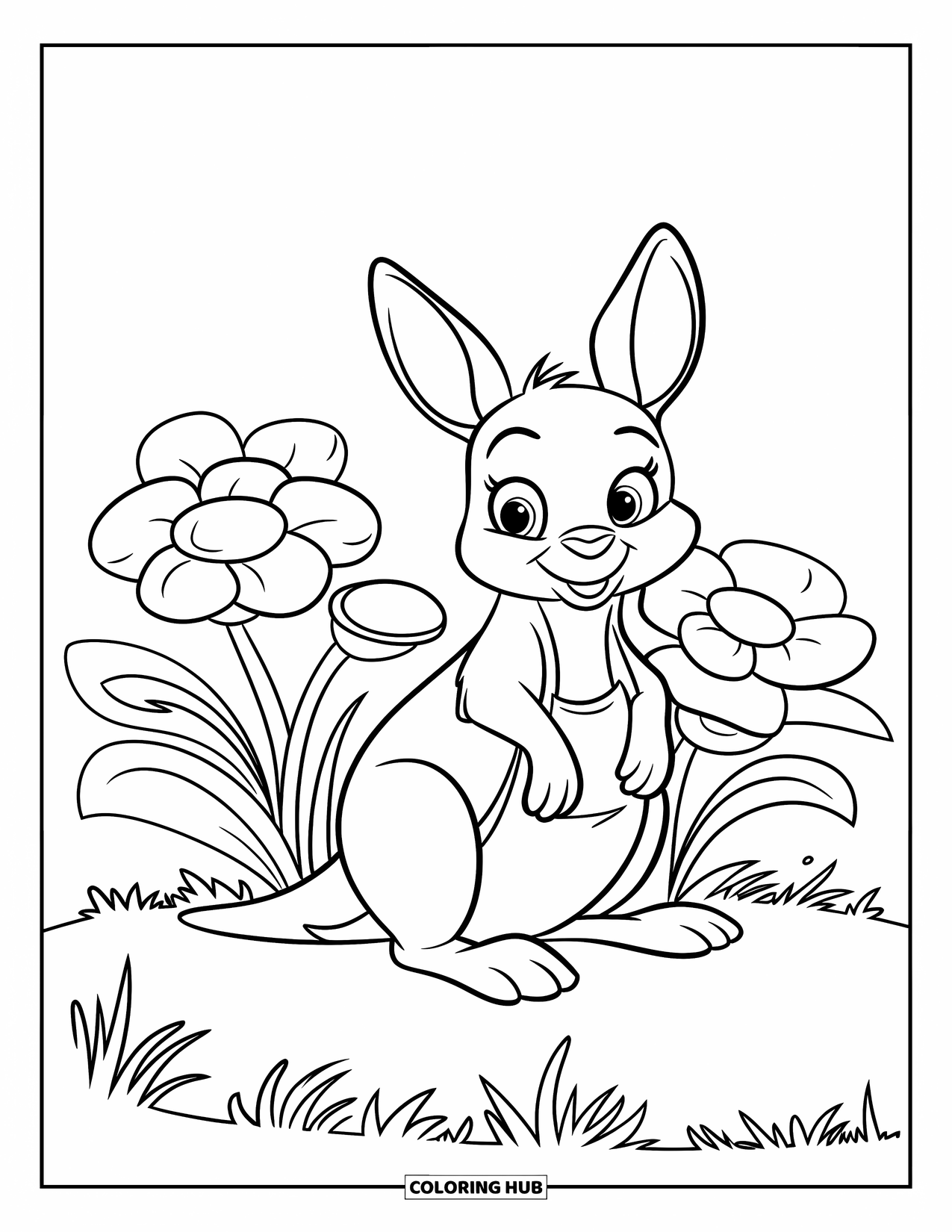 Kangaroo Coloring Page for Kids: A sitting kangaroo with big flowers rests in a grassy field under a clear sky