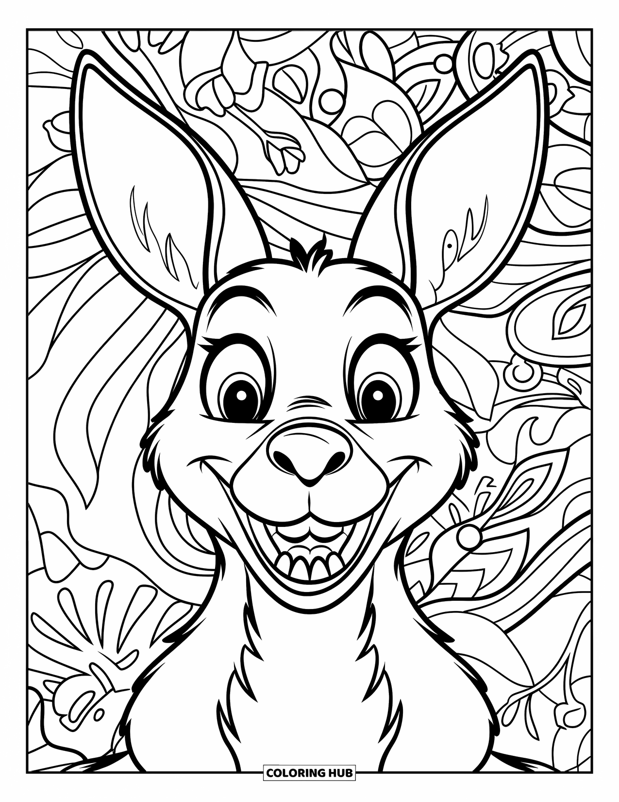 Kangaroo Coloring Page for Kids: A smiling kangaroo face appears with patterned details and floral background