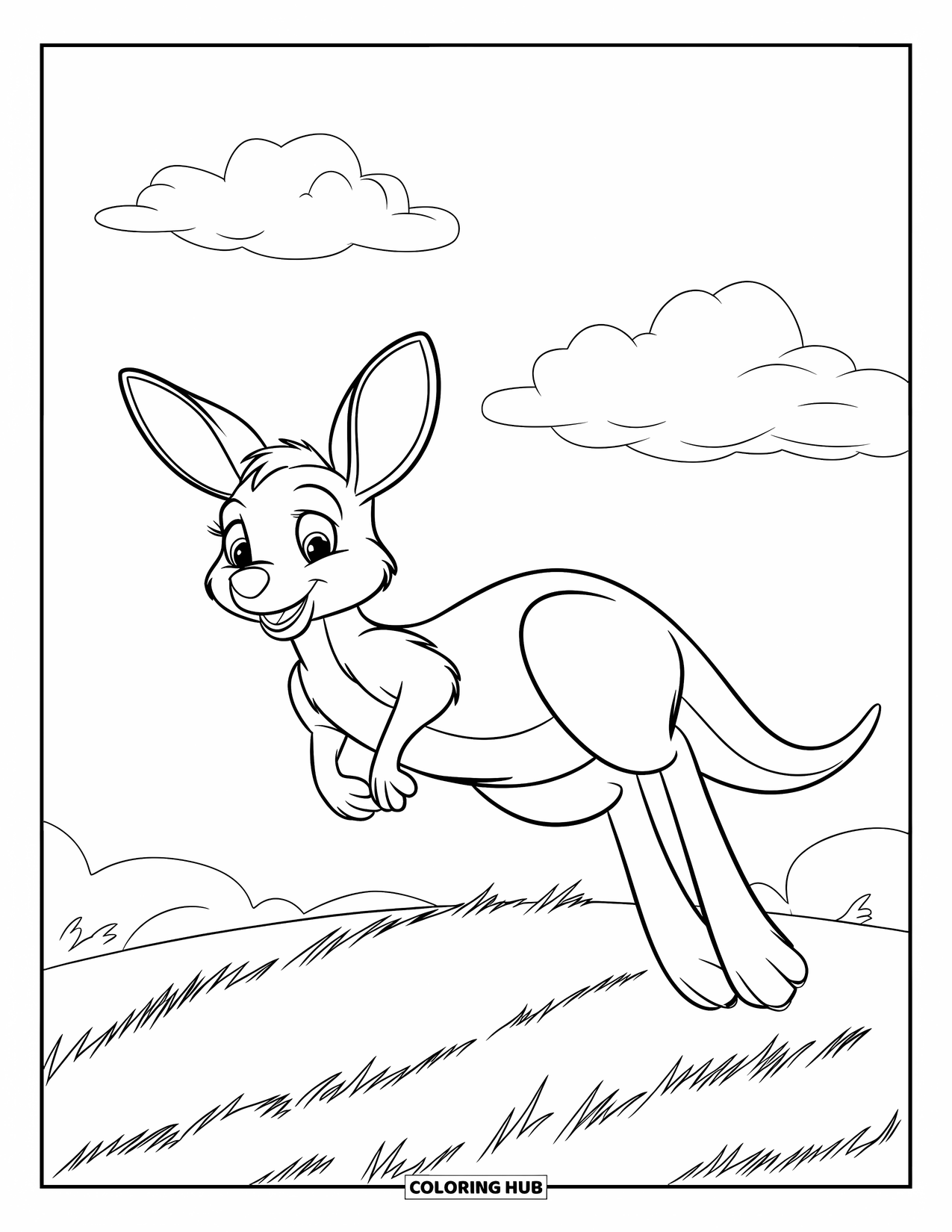 Kangaroo Coloring Page for Kids: A smiling kangaroo hops across a wide grassy hill with fluffy clouds above