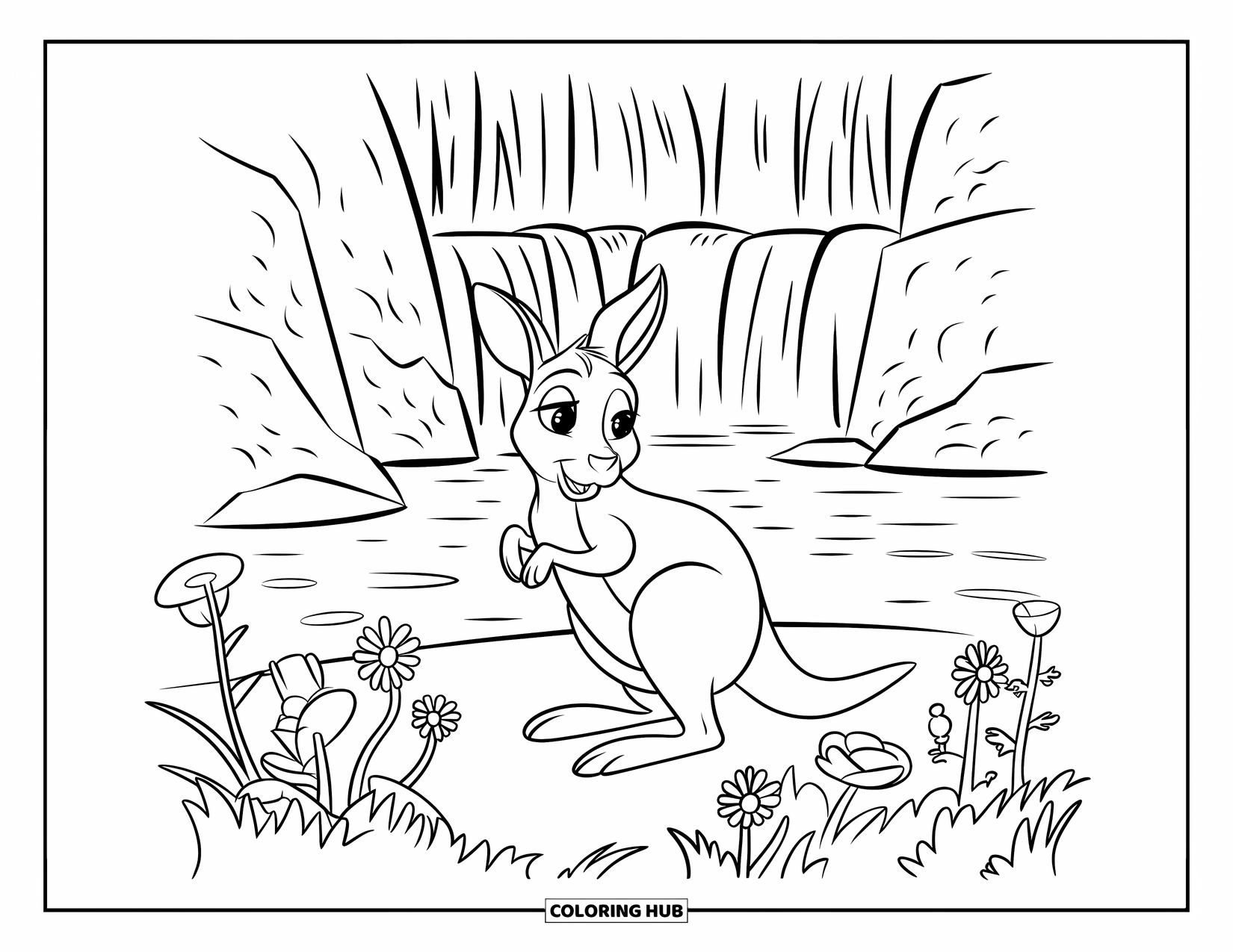 Kangaroo Coloring Page for Kids: A standing kangaroo stretches its arms surrounded by wildflowers and a tiered waterfall