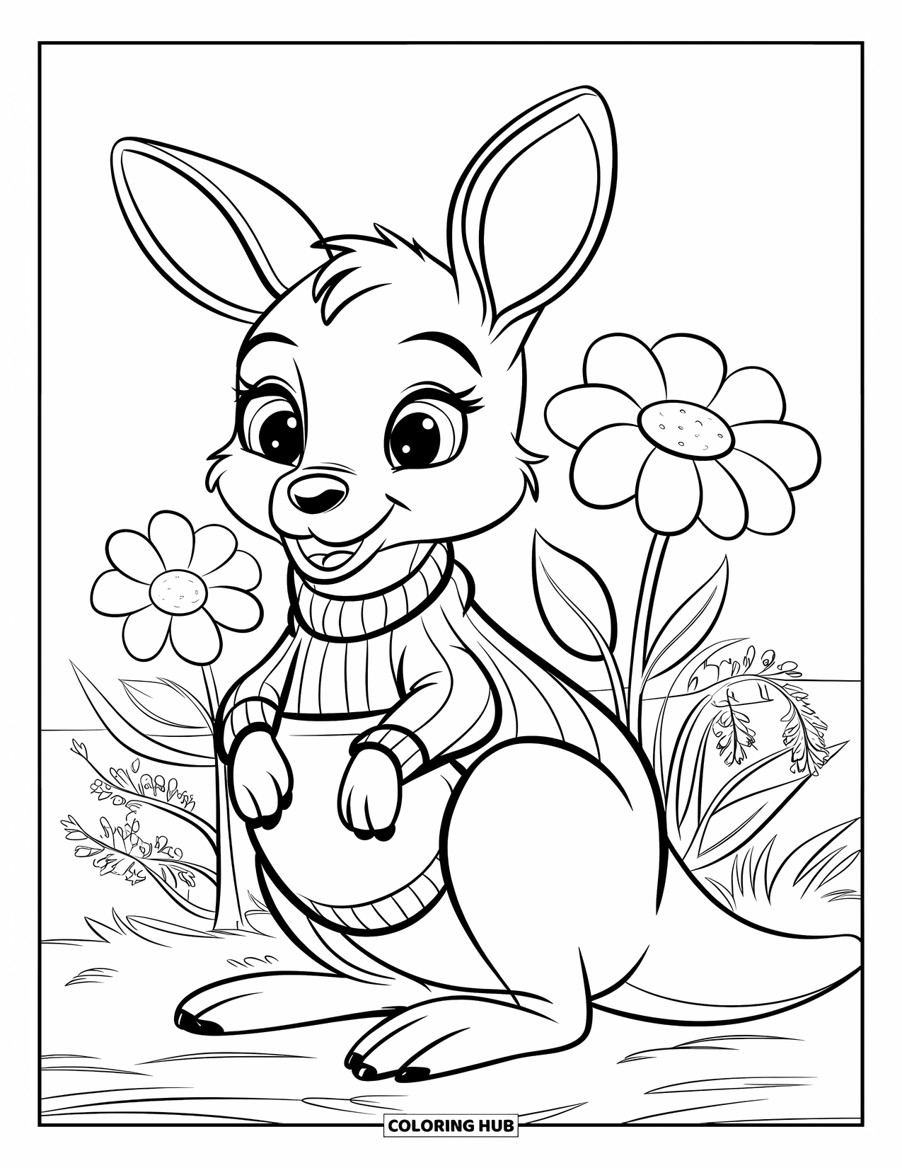 Kangaroo Coloring Page for Kids: A sweater-wearing kangaroo sits with flowers in a green field