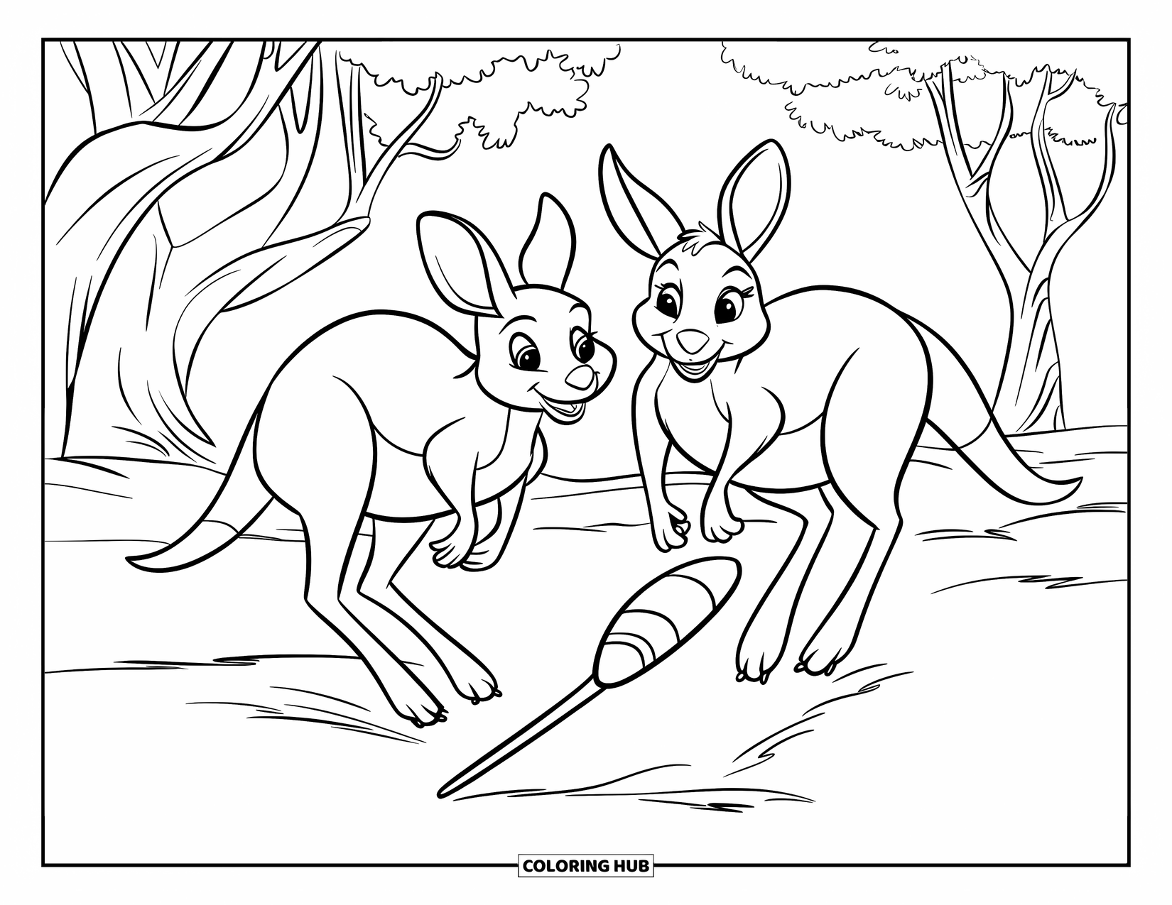 Kangaroo Coloring Page for Kids: Two kangaroos play near eucalyptus trees with a boomerang on the ground
