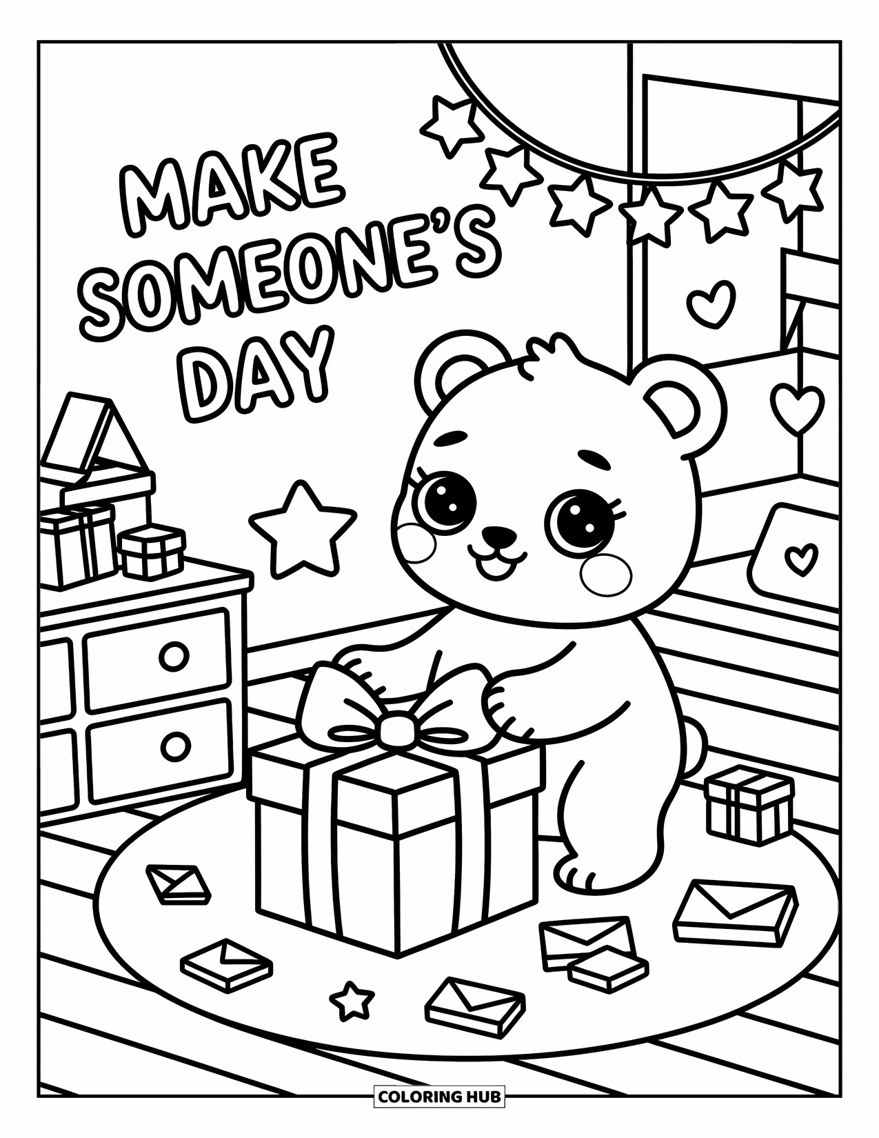 Kindness Coloring Page for Adults: A bear ties a bow on a gift box in a cozy room with handmade crafts