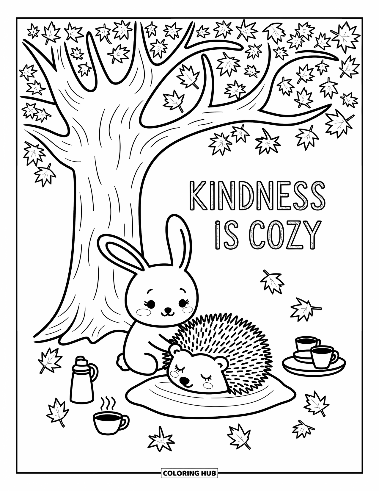 Kindness Coloring Page for Adults: A bunny gently covers a hedgehog under an autumn tree with a tiny thermos nearby