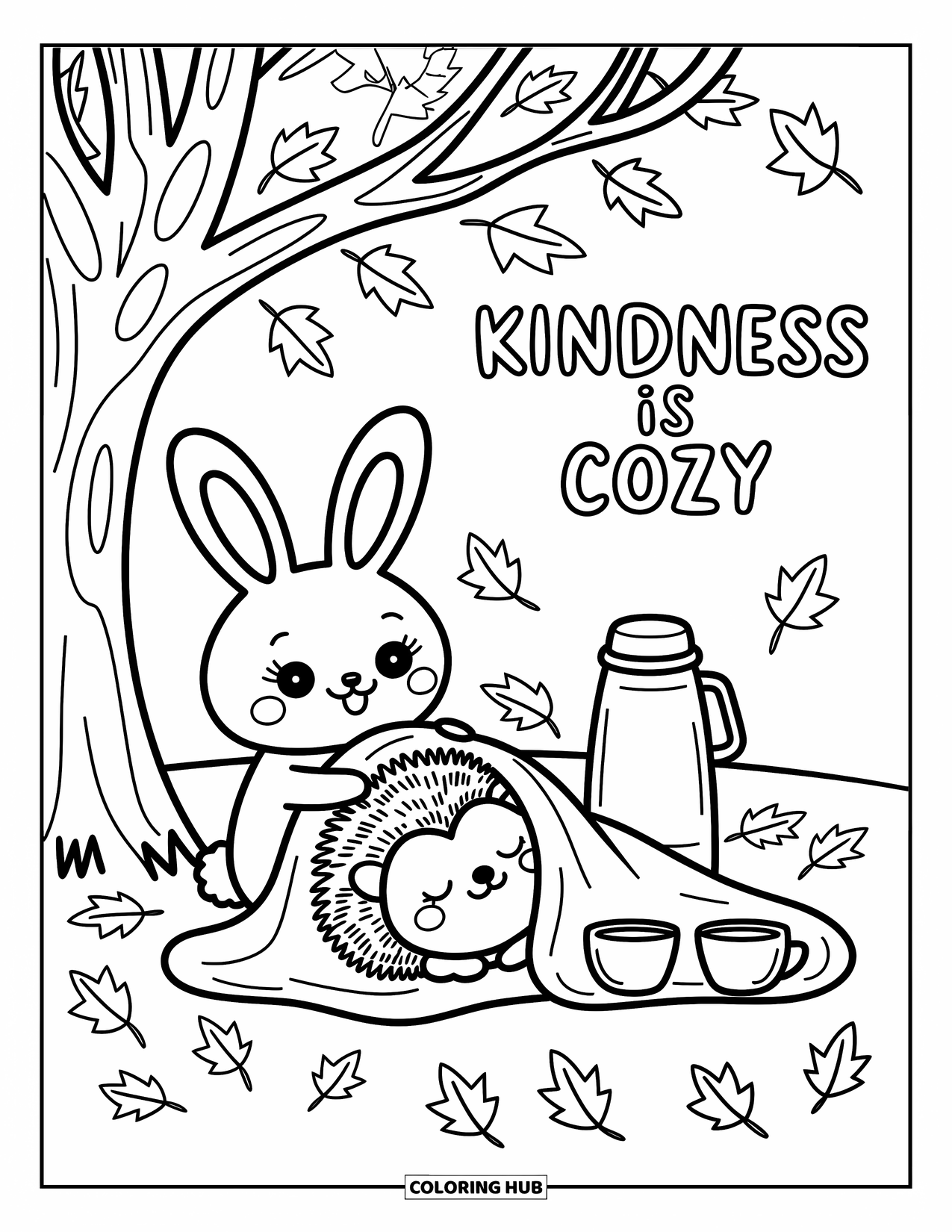 Kindness Coloring Page for Adults: A bunny wraps a hedgehog in a blanket under the words "Kindness is cozy"