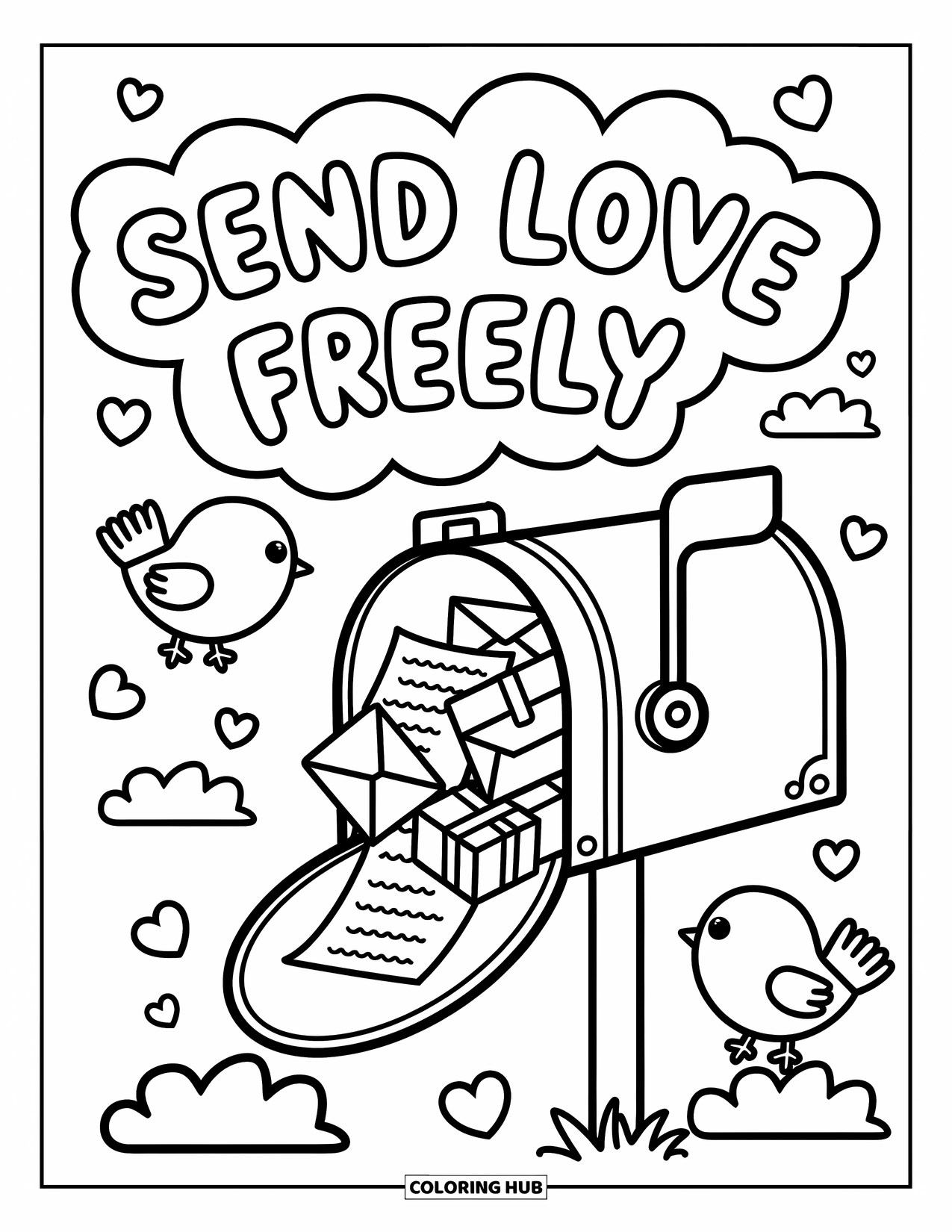 Kindness Coloring Page for Adults: A cute mailbox overflows with letters while two birds exchange tiny gifts in the clouds