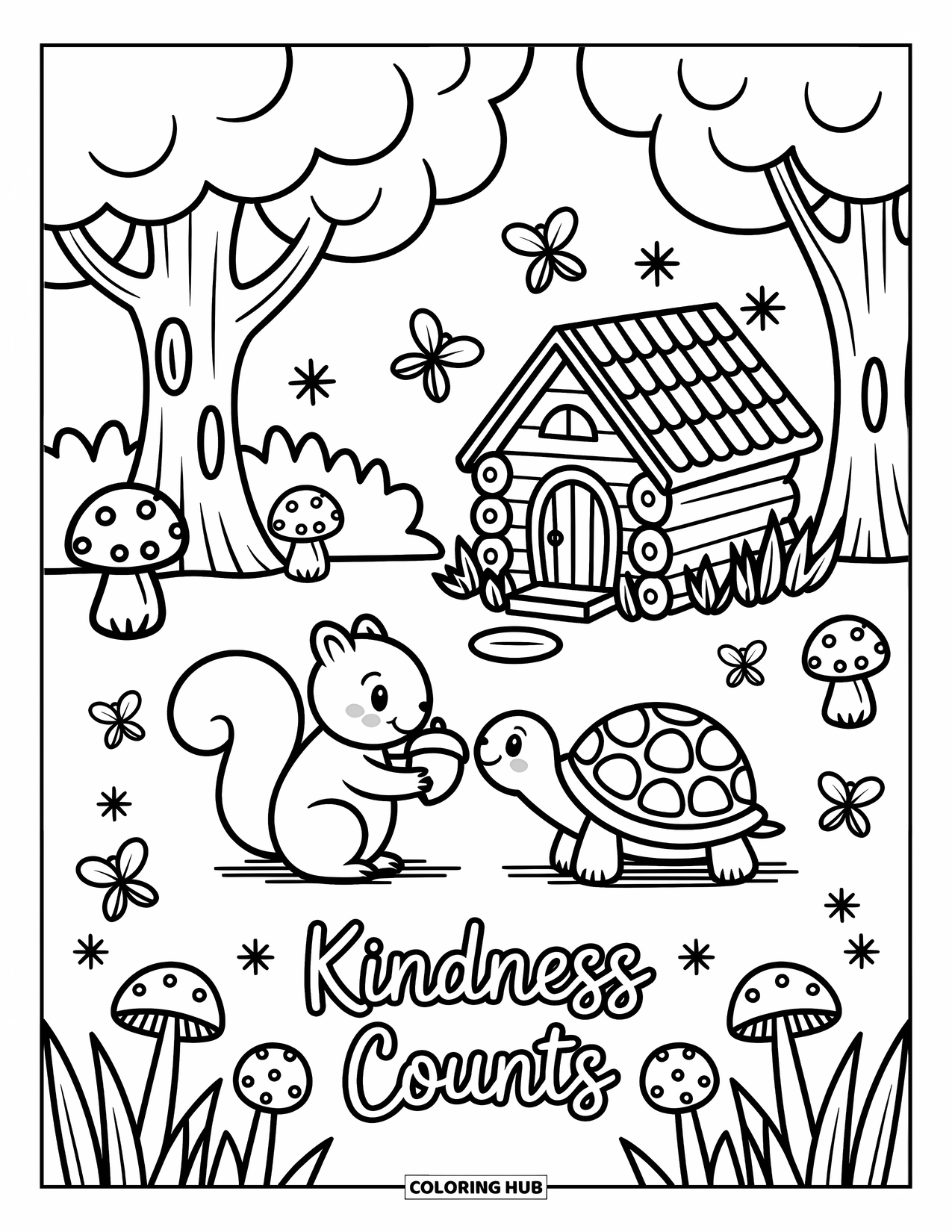 Kindness Coloring Page for Adults: A squirrel and turtle work together near mushrooms and fireflies under "Kindness counts"