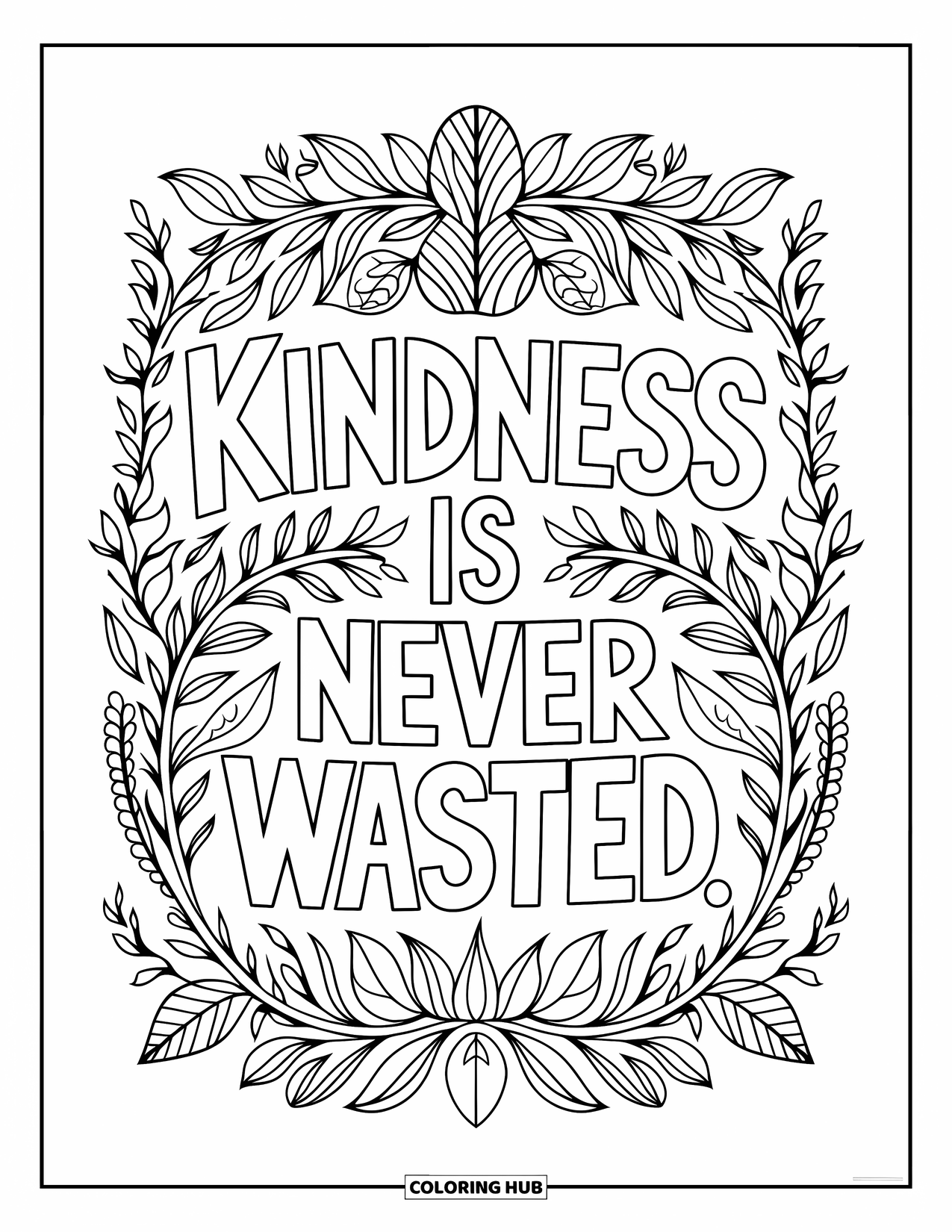 Kindness Coloring Page for Adults: Fragrant herbs form a mandala around "Kindness is never wasted"