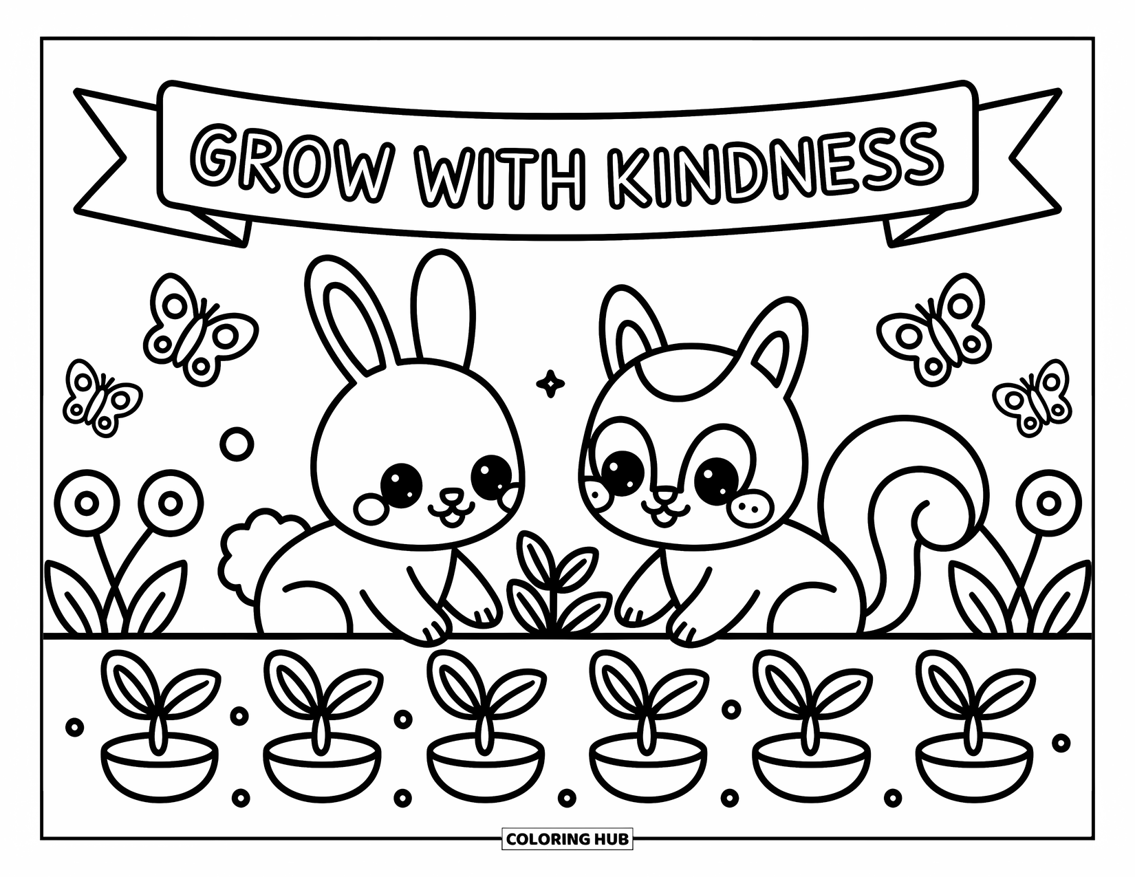 Kindness Coloring Page for Adults: Two cute animals plant seeds together in a sunny garden filled with tiny signs and butterflies