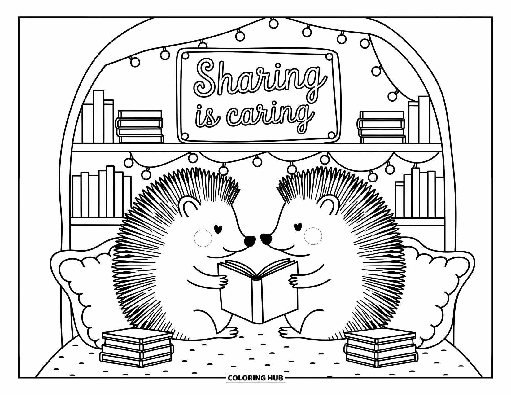 Kindness Coloring Page for Adults: Two hedgehogs sit in a soft, pillow-filled book nook sharing a book with care