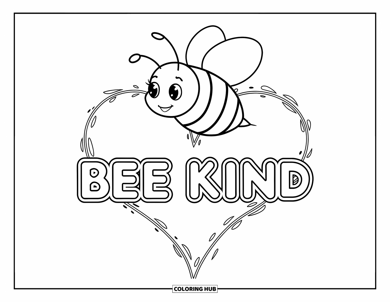 Kindness Coloring Page for Kids: A bee flies above a heart-shaped trail that says "Bee Kind"