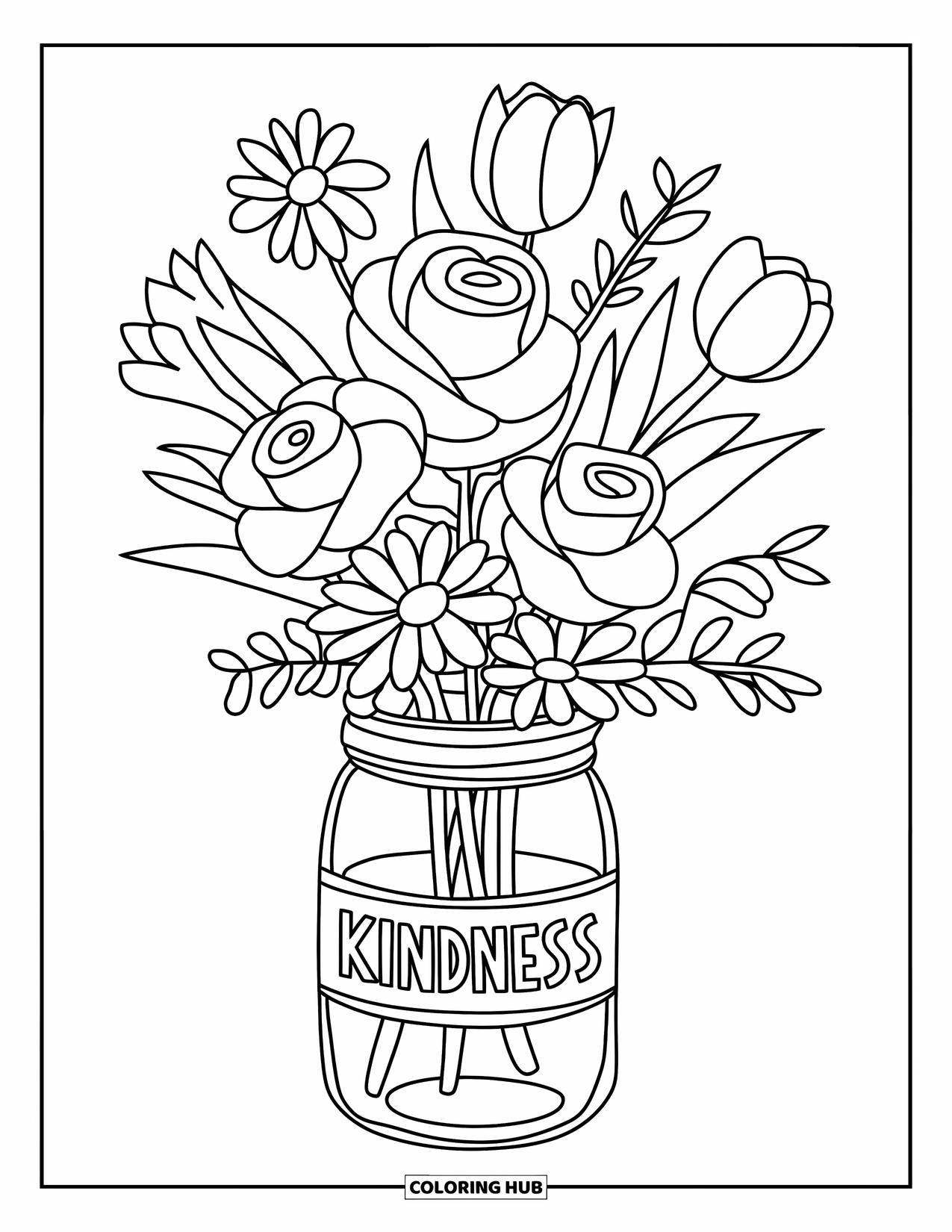 Kindness Coloring Page for Kids: A bouquet labeled "Kindness" offers cheerful flowers in a clear jar