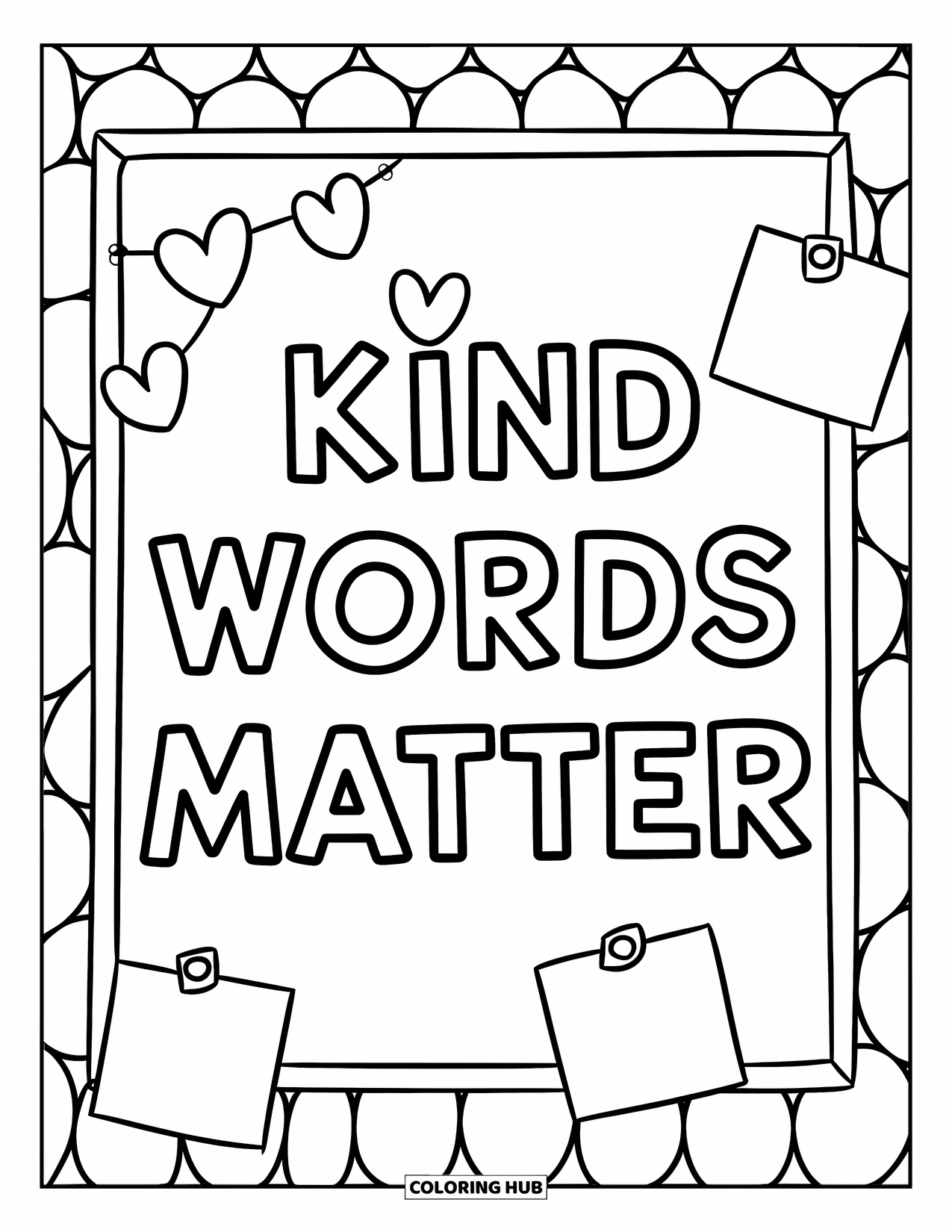 Kindness Coloring Page for Kids: A cheerful board displays blank notes and the bold phrase "Kind Words Matter"