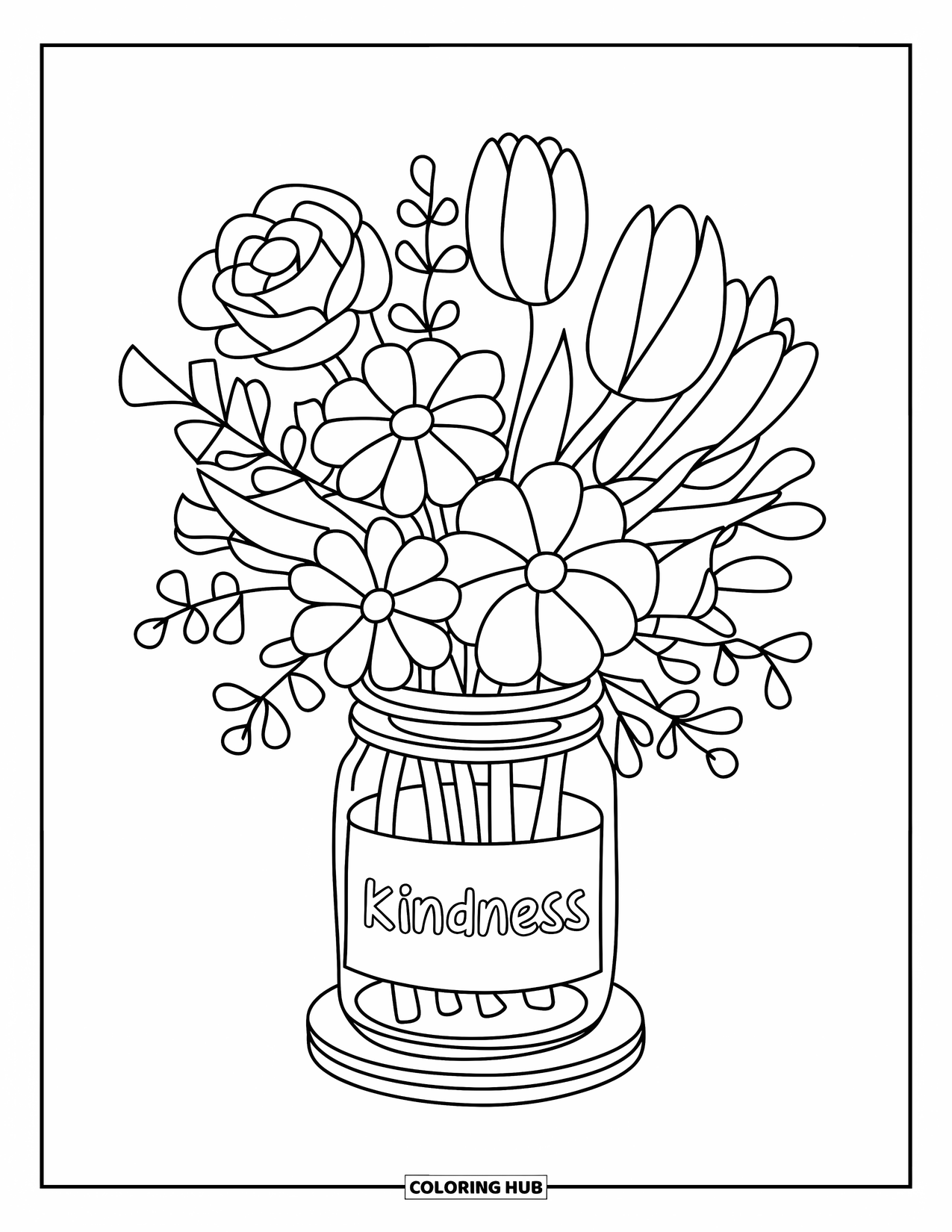 Kindness Coloring Page for Kids: A flower jar on a wooden base blooms with kindness and simplicity