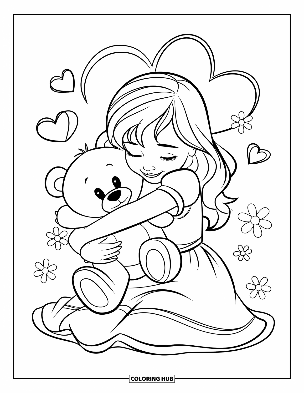 Kindness Coloring Page for Kids: A girl in a dress hugs her teddy with hearts and flowers all around
